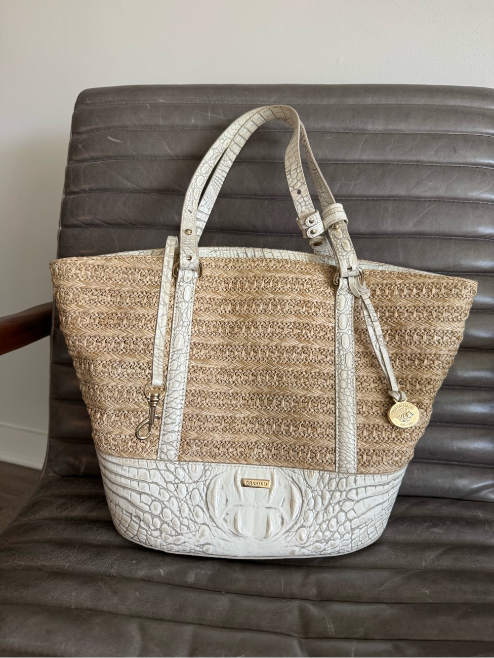Brahmin Asher straw/white leather  shoulder bag.